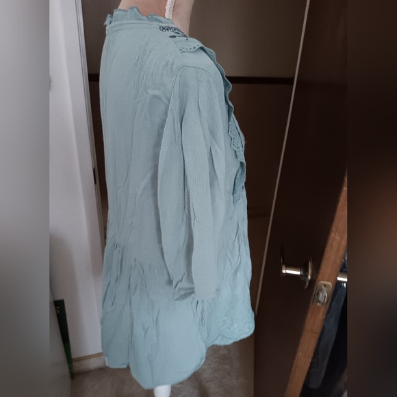 SOLD!  Sale 🌞 Artesia~Pastel Blue Embroidered Ruffle Eyelet Tassel Blouse NWOT - Picture 12 of 16